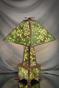 Arts & Crafts Riviere Slag Glass Leaded Table Lamp: Nice find in this Arts & Crafts period Grapevine pattern Riviere leaded slag table lamp. Measures 20" tall, 12" wide.