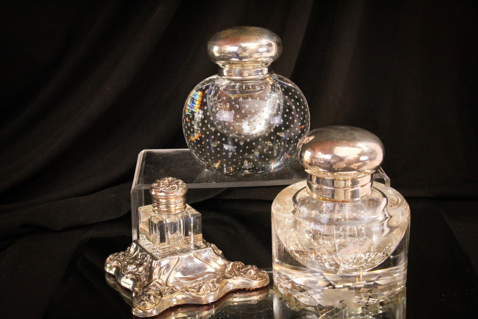 3 pc Lot Inkwells Crystal Sterling Repousse & More (1 of 17)