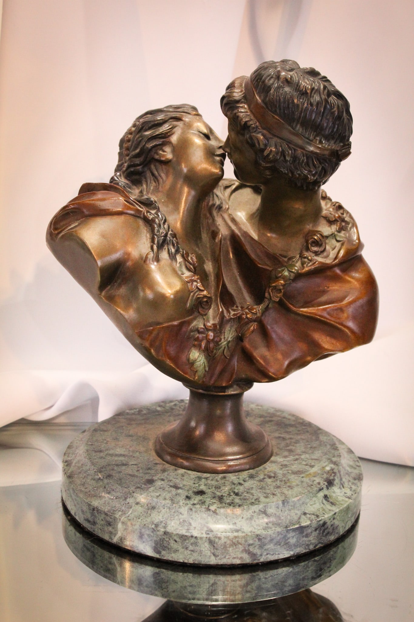 Antique Bronze Bust of Lovers Kissing Green Marble (1 of 6)