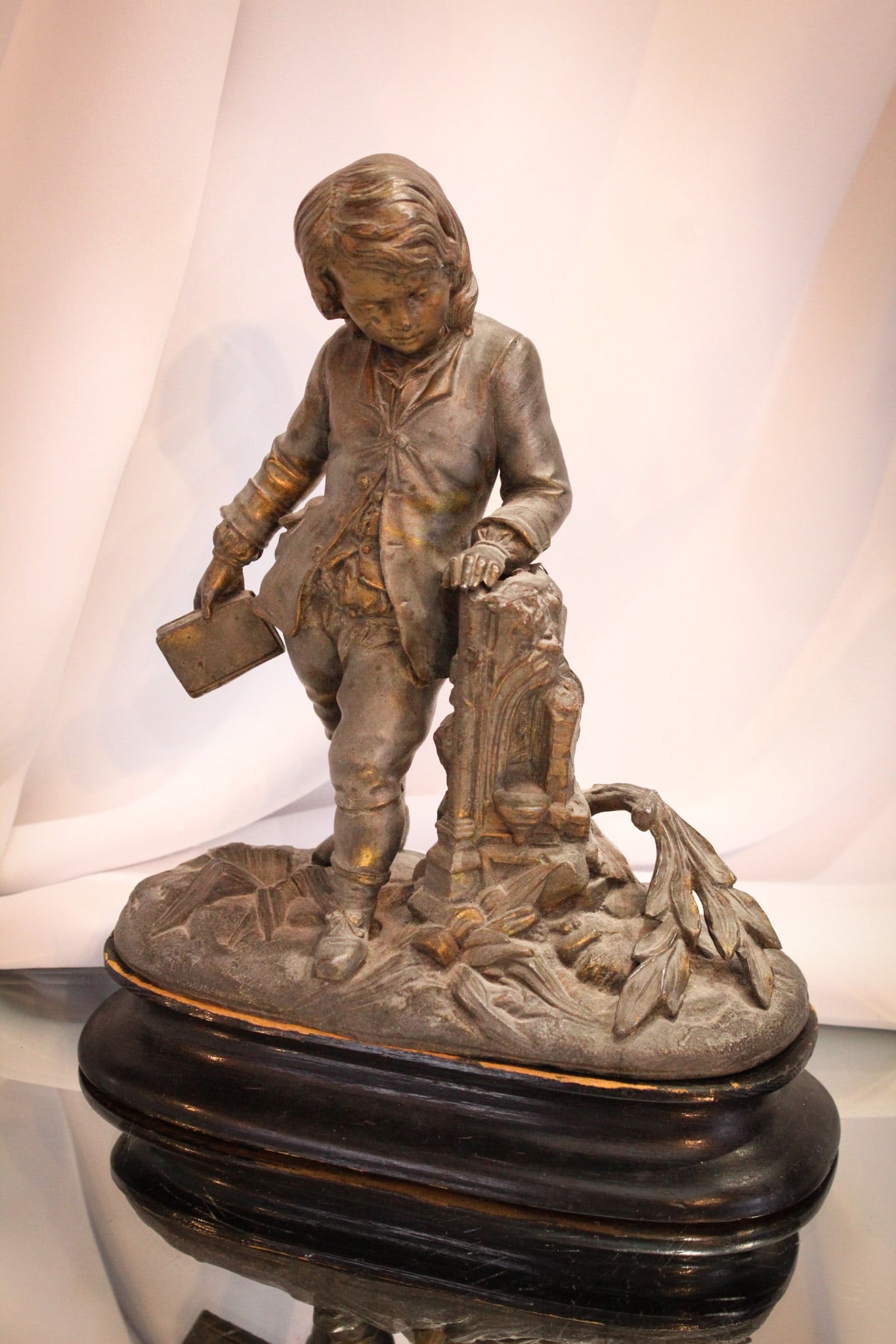 Antique Victorian Spelter Studious Boy on Wood Base Statue (1 of 10)