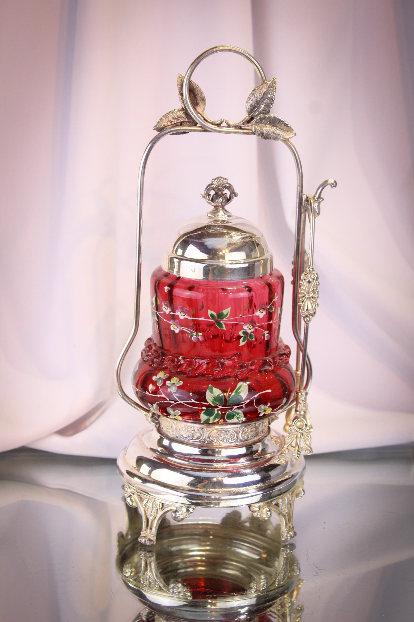 Victorian Cranberry Enameled Rigaree Pickle Castor (1 of 8)