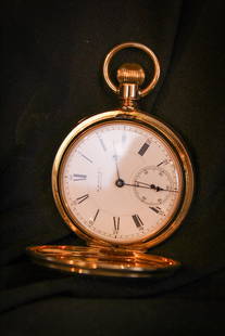 Howard 18K Gold Engine Turned Hunters Case 15 jewel Pocket Watch: Beautiful 18 kt gold engine turned hunters case "N" size pocket watch with 15 jewelmovement. Features umbrella hands. Running condition. Wt. =4.930 tr oz. PLEASE NOTE: This item may be paid for by Wir