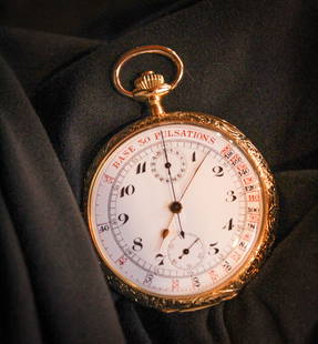 Swiss Geneve 1896 18K Gold Case Doctor's Insignia 16 Jewel Pocket watch: Fabulous Doctor's 18K gold open face pocket watch. Swiss made. Geneve 1896. Running Condition. Chronograph pulsations (30 min.) Dr's insignia engraved on back side. Wt.=2.530 tr oz. PLEASE NOTE: This