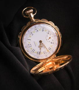 Ladies 14K Elgin Hunters Case Porcelain Dial 15 Jewel Pocket Watch: Gorgeous 14K Elgin fancy porcelain dial with gold tracery and scalloped edge case. A 15 jewel nickel movement. Running condition. Wt.=1.785 tr oz. PLEASE NOTE: This item may be paid for by Wire Transf
