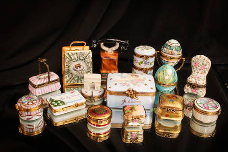 15 pc Lot Limoges Porcelain Hand Painted Trinket Boxes: Fine assortment of 15 marked Limoges hand painted trinket boxes in various sizes and forms.