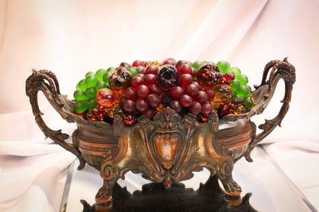 Antique Czech Glass Beaded Fruit Lamp: Nice form on this Czech glass beaded fruit lamp complete with ram head decorated handles spelter base. Colorful fruits abound! This one measures 7" tall, 15" long.