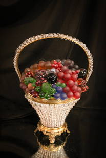 Antique Czech Glass Beaded Fruit Basket Lamp: Stunner here, folks! This beaded Czech glass fruit lamp comes complete in beaded basket form body. Lovely addition to any décor. It measures 11" tall.