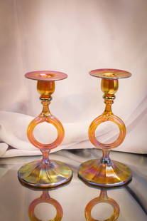 Pair Tiffany Gold Favrile Glass Ring Stem Candlesticks: Stunning pair of Tiffany signed gold Favrile ring stem candlesticks. Each signed "L.C.T., Favrile." Each measures 7" tall.