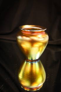 2 1/2" Steuben Glass Cabinet Vase Gold Aurene: Brilliant gold color makes this little gem a stand out piece of Steuben. Marked, "Steuben Aurene, 2645."