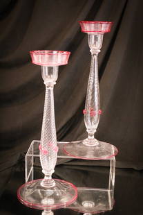 Steuben Glass Threaded Gold Ruby 12" Candlesticks: Fine pair of Steuben candlesticks in threaded Gold Ruby with applied prunts decoration.