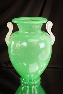 Steuben Jade Green Alabaster Handled Vase: Beautiful Jade Green with Alabaster handles 10 1/4" vase. A classic for Steuben. Fine example if you don't have one. If you do, have a pair!