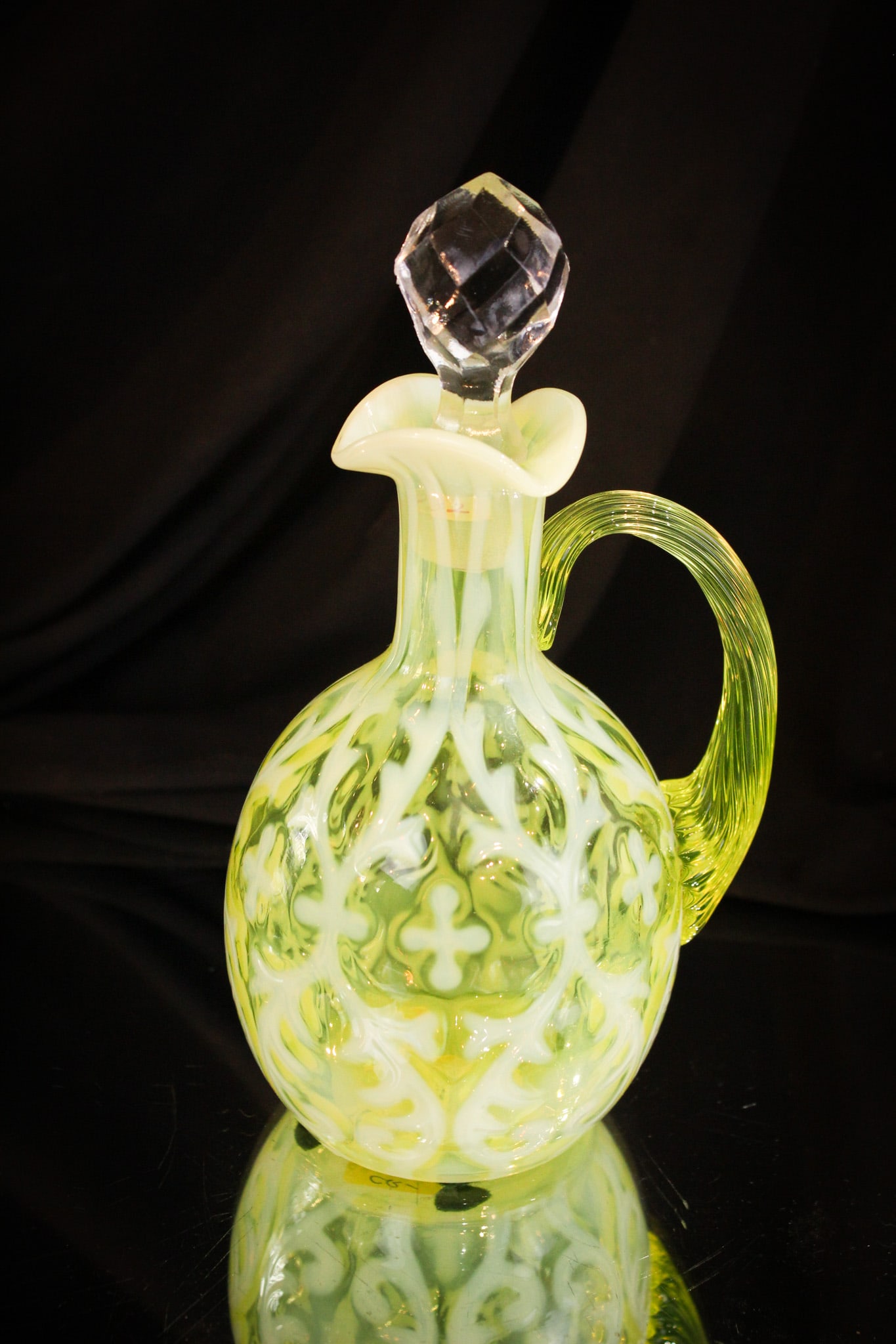 Northwood Vaseline Opalescent Spanish Lace Victorian Cruet: Crisp lemon yellow vaseline glass with vibrant opalescence makes this a must have piece for your collection.