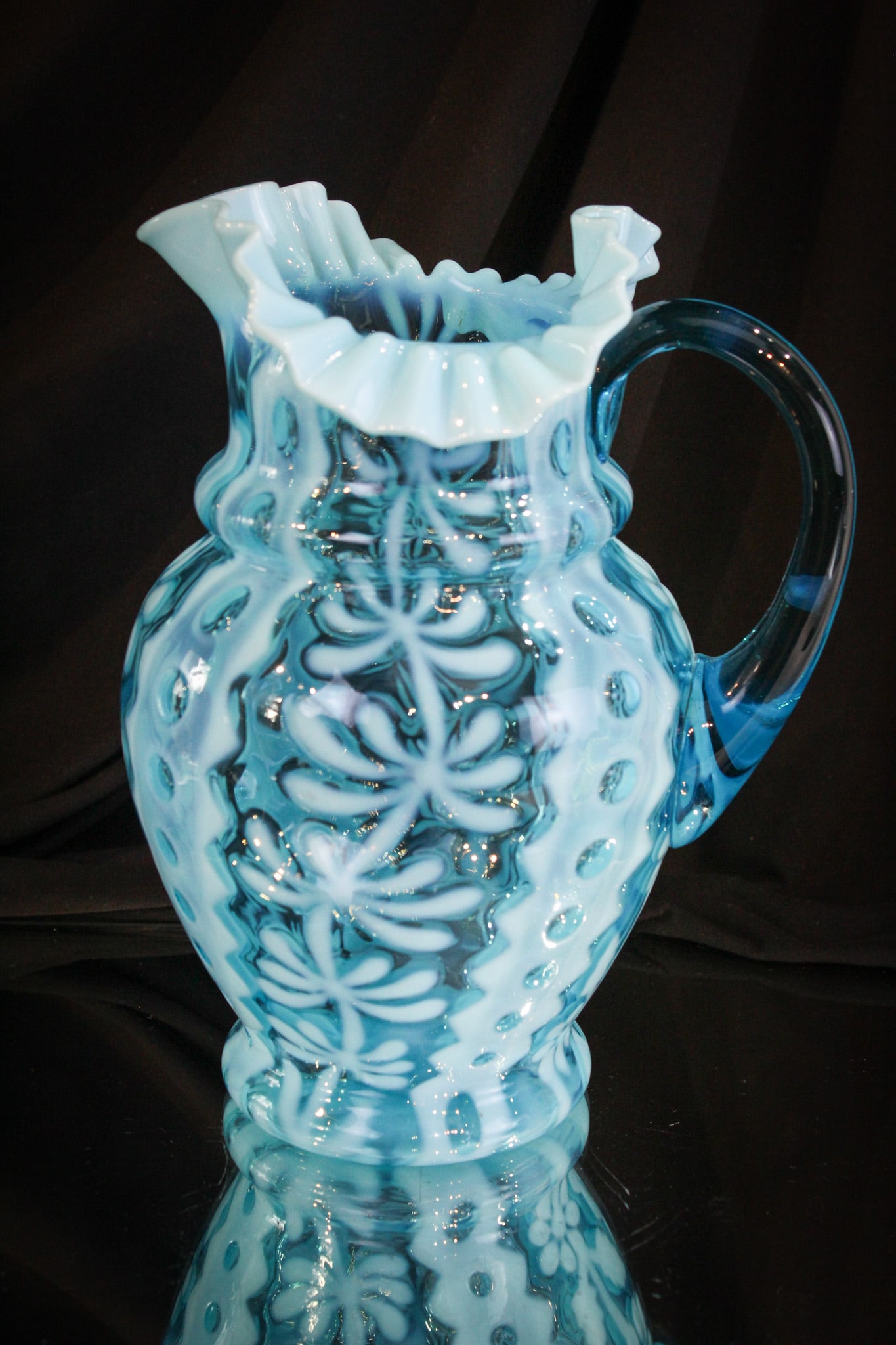 Very Rare Blue Opalescent Floral Eyelet Victorian Water Pitcher (1 of 5)