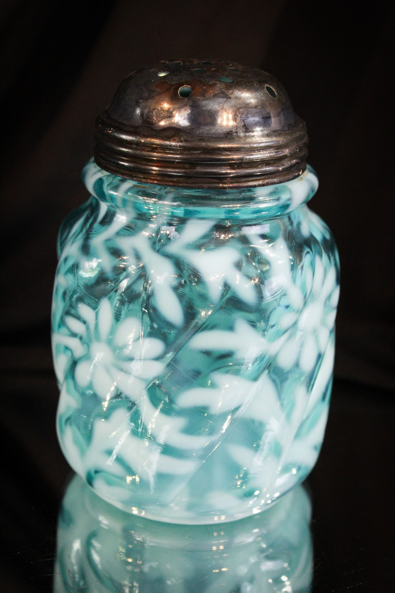 Northwood Blue Opalescent Parian Swirl Sugar Shaker: Great example of this fine Northwood Victorian Parian Swirl pattern sugar shaker with Daisy & Fern opal pattern.