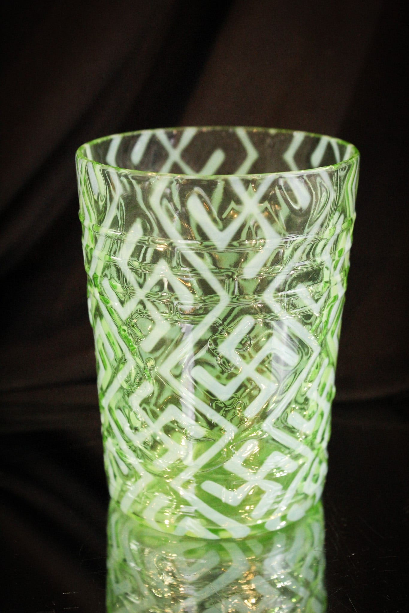 Rare Northwood Green Opalescent Swastika Victorian Tumbler: Rare find in this Northwood Swastika opalescent pattern on a Spades and Clubs mold Victorian tumbler. Great example.