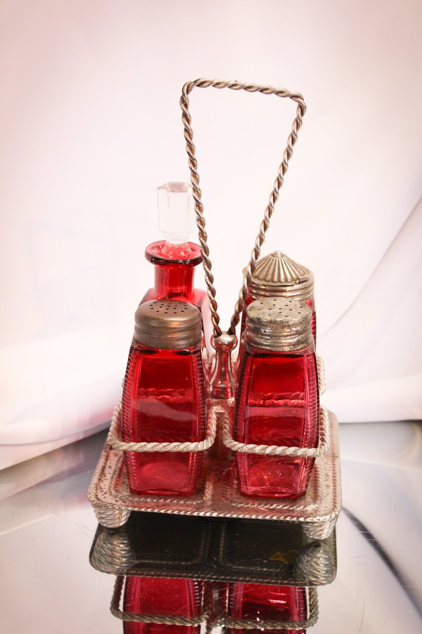 Northwood Zippered Corners Cranberry Victorian Glass Condiment Set (1 of 9)