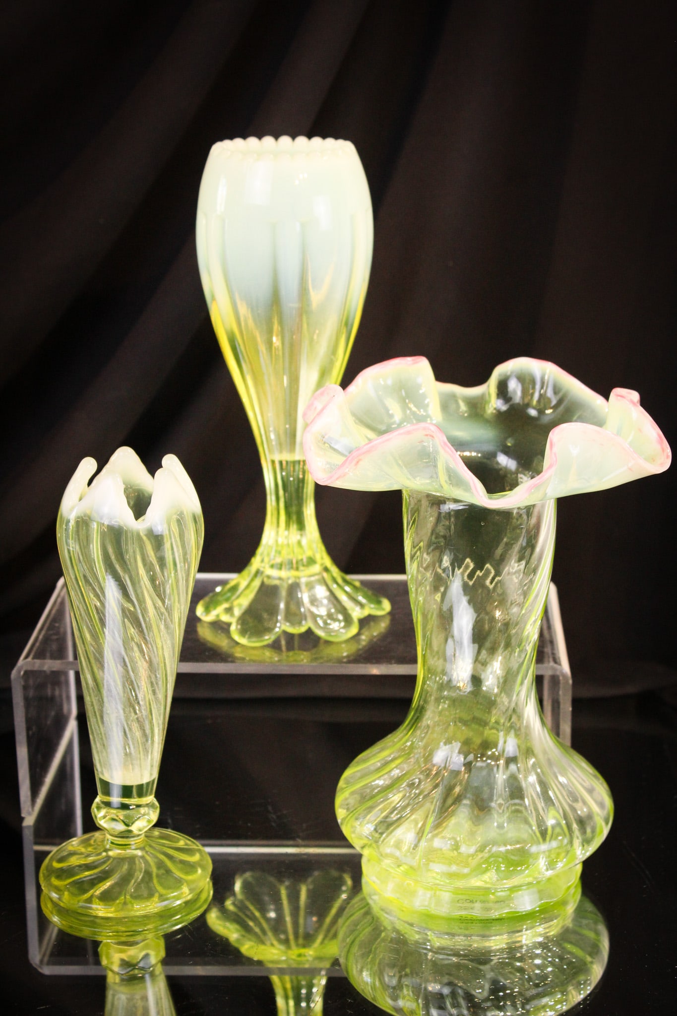 3 pc Lot Vaseline Opalescent Victorian Glass (1 of 7)