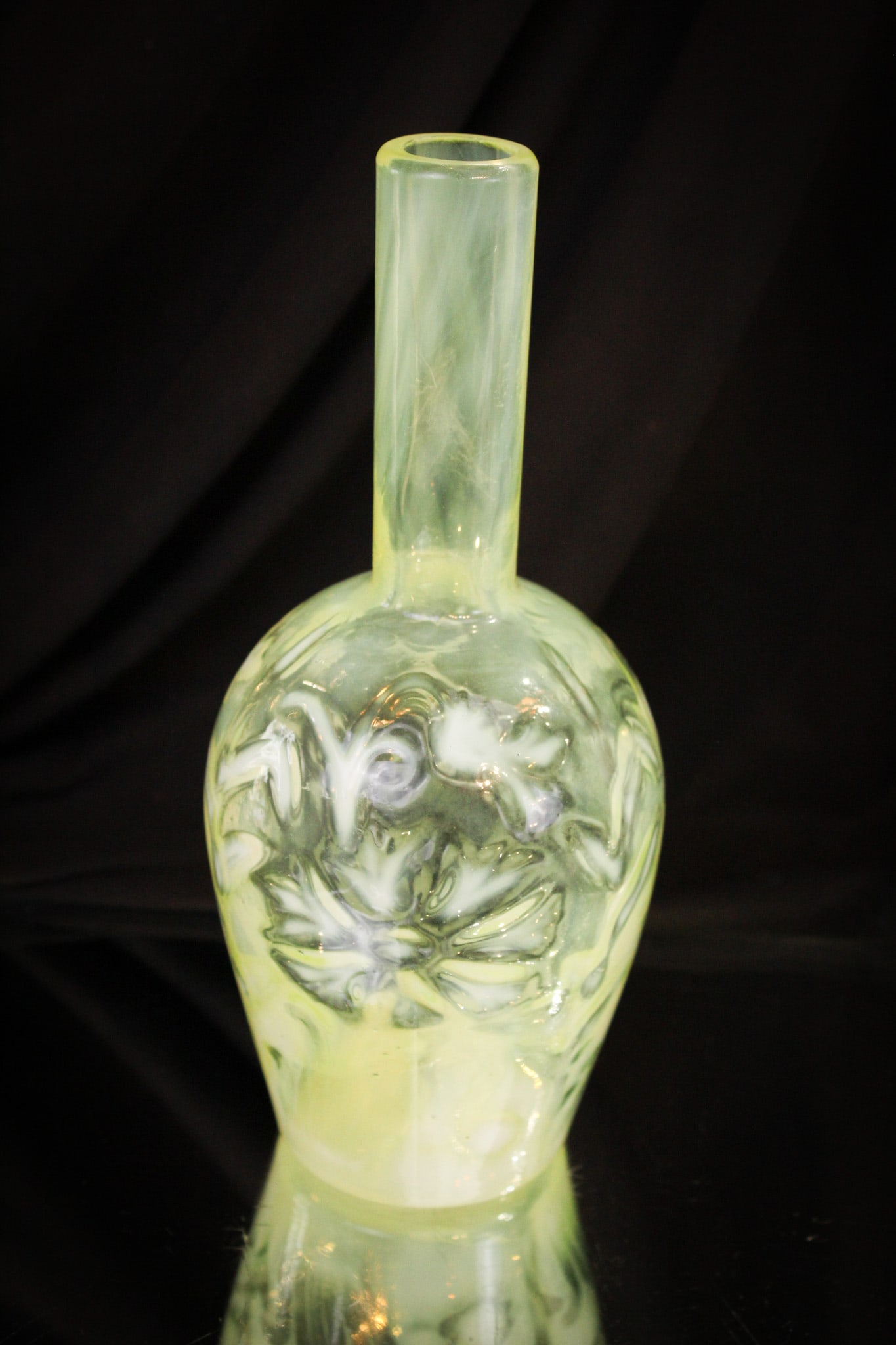 Vaseline Opalescent English Stick Vase: Go find this lovely vase! Wonderful piece of possibly English origin in vivid vaseline opalescent. It measures 8 1/2" tall.