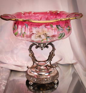 Wilcox Silverplate Signed Moser Cranberry Enameled Brides Bowl Centerpiece: Amazing find in this signed Moser Victorian cranberry glass brides bowl residing in signed Wilcox Silverplate Co. Meriden, Conn. silverplate holder with double cherubs on each side. Bowl is huge, meas