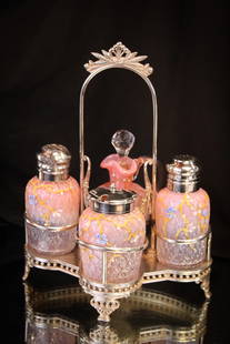 Rare Meriden Silverplate Peach Opalescent Enameled Condiment Cruet castor: Can't say enough about how charming this little cruet condiment castor is! This exterior diamond optic set is gilt and enameled with flowering branches. Set is comprised of mustard, shakers, and wee l