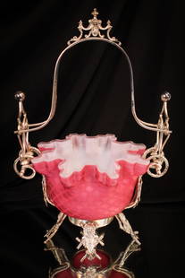Fantastic Victorian Mother of Pearl Brides Basket: Unarguably one of the most amazing form silverplate Brides Baskets we have had. This one is without a doubt and features the original deep pink mother of pearl diamond quilt bowl. Holder is engraved,