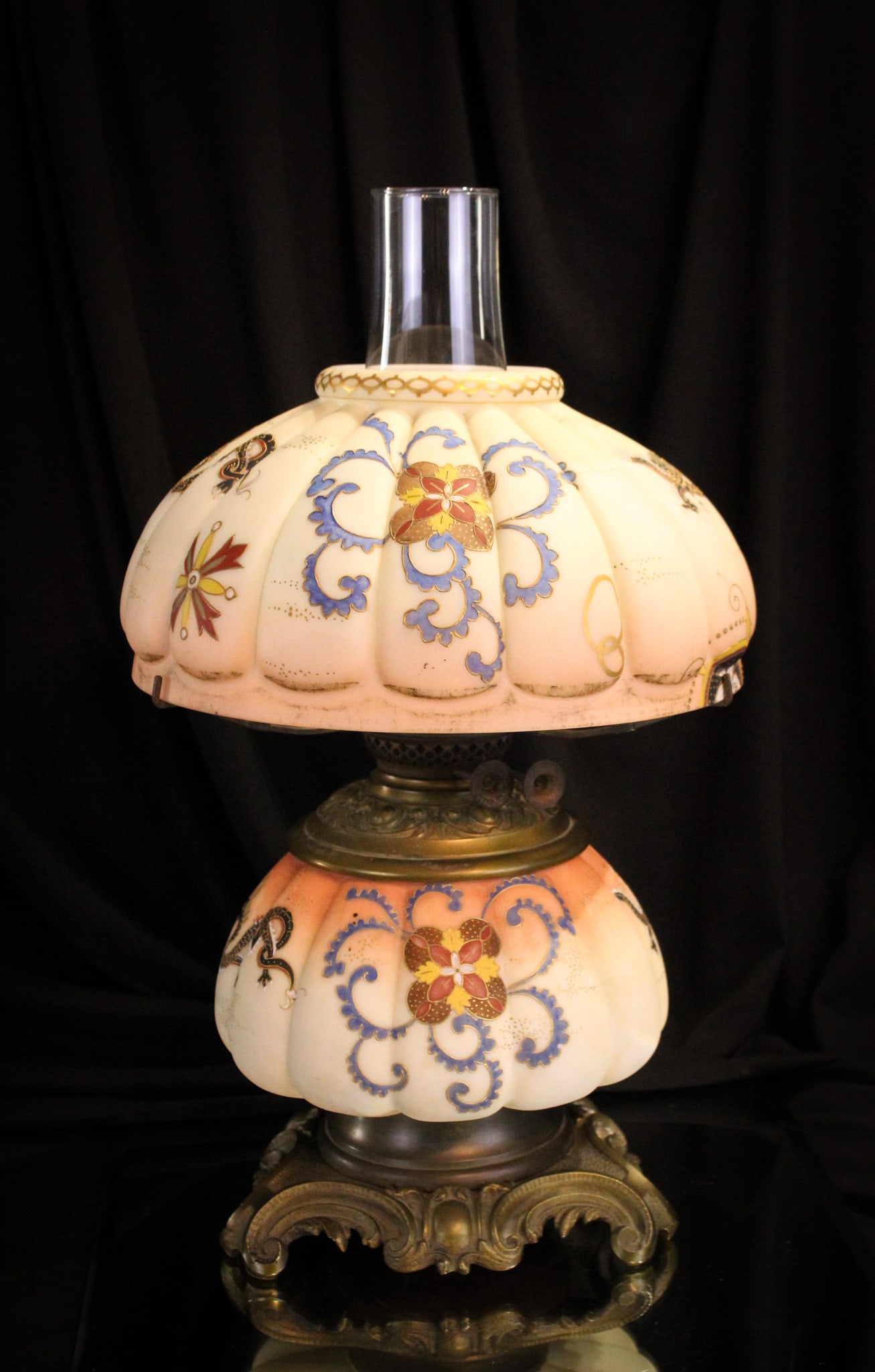 Rare Mt. Washington Crown Milano "Happy Dragon" Victorian Glass Oil Lamp (1 of 19)