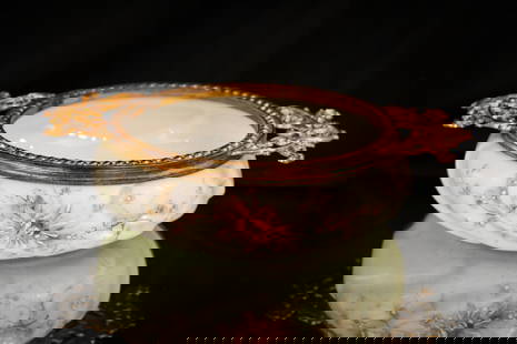 Wavecrest 9" Victorian Glass Dresser Tray Ormulu Handles: Fine example of a Wavecrest dresser tray with gilt ormulu handles. Piece measures 2 1/4" tall, 9" wide.