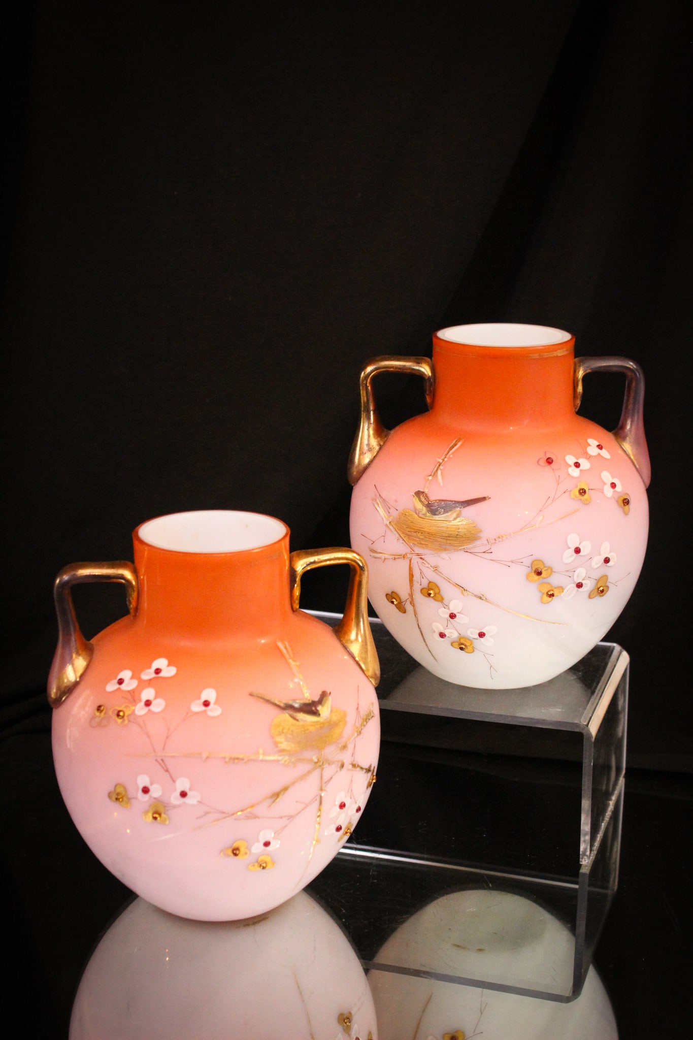 Pair of Harrach Satin Enameled Bird Glass Victorian Vases (1 of 12)