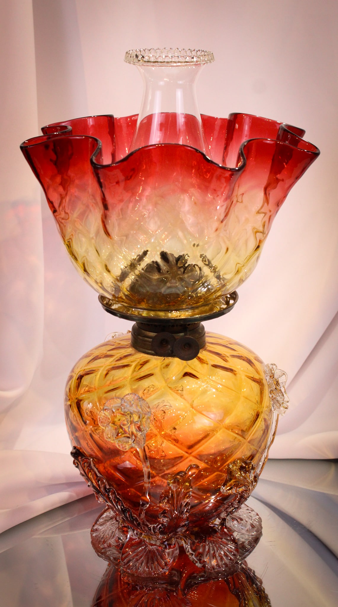 Victorian Amberina Glass Applied  Flowers Oil Lamp (1 of 15)