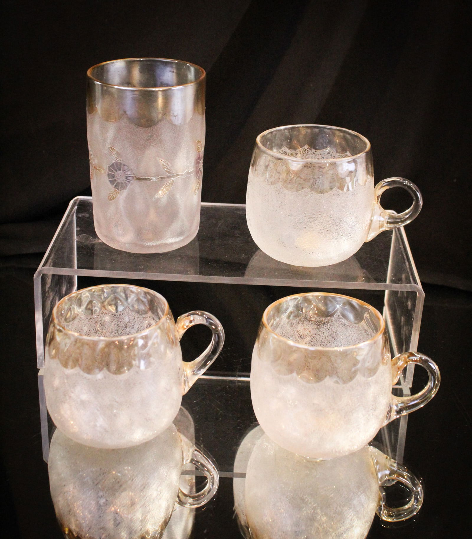 4pc Lot Victorian New England Pomona Glass: Four fine examples of New England Pomona glass comprised of three undecorated cups along with a tumbler with flowers.