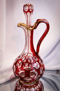 Ruby Cut to Clear Decanter: Possibly of Bohemian in origin, this ruby cut to clear decanter measures a whopping 13 1/2" tall complete with stopper.