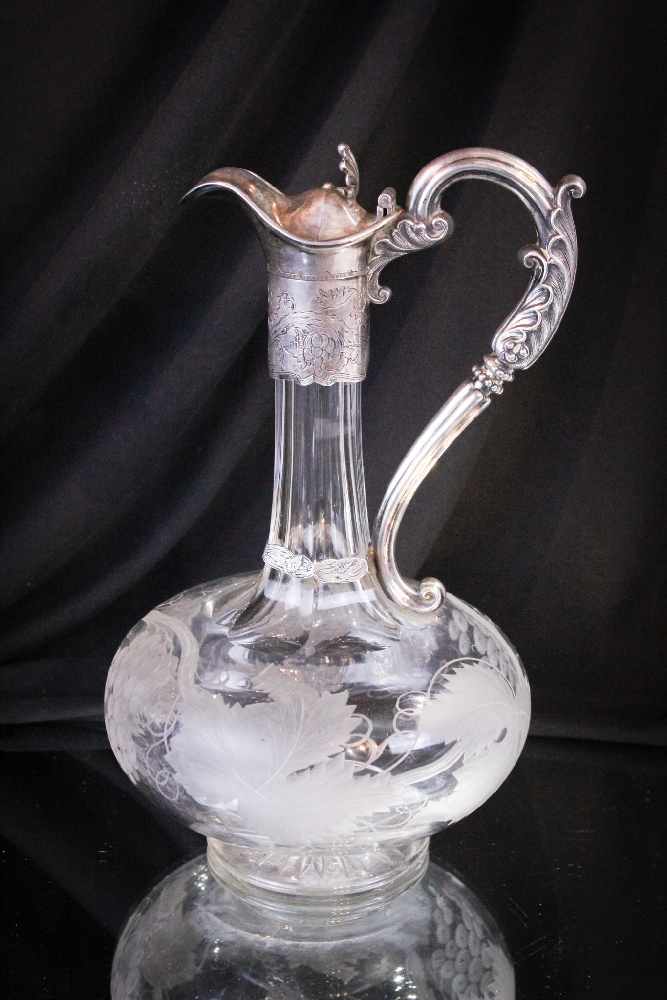Engraved Grapes & Leaves Decanter Silverplate: Lovely grape and leaf engraved Victorian decanter with silverplate mountings. Mountings unmarked. Excellent engraving.