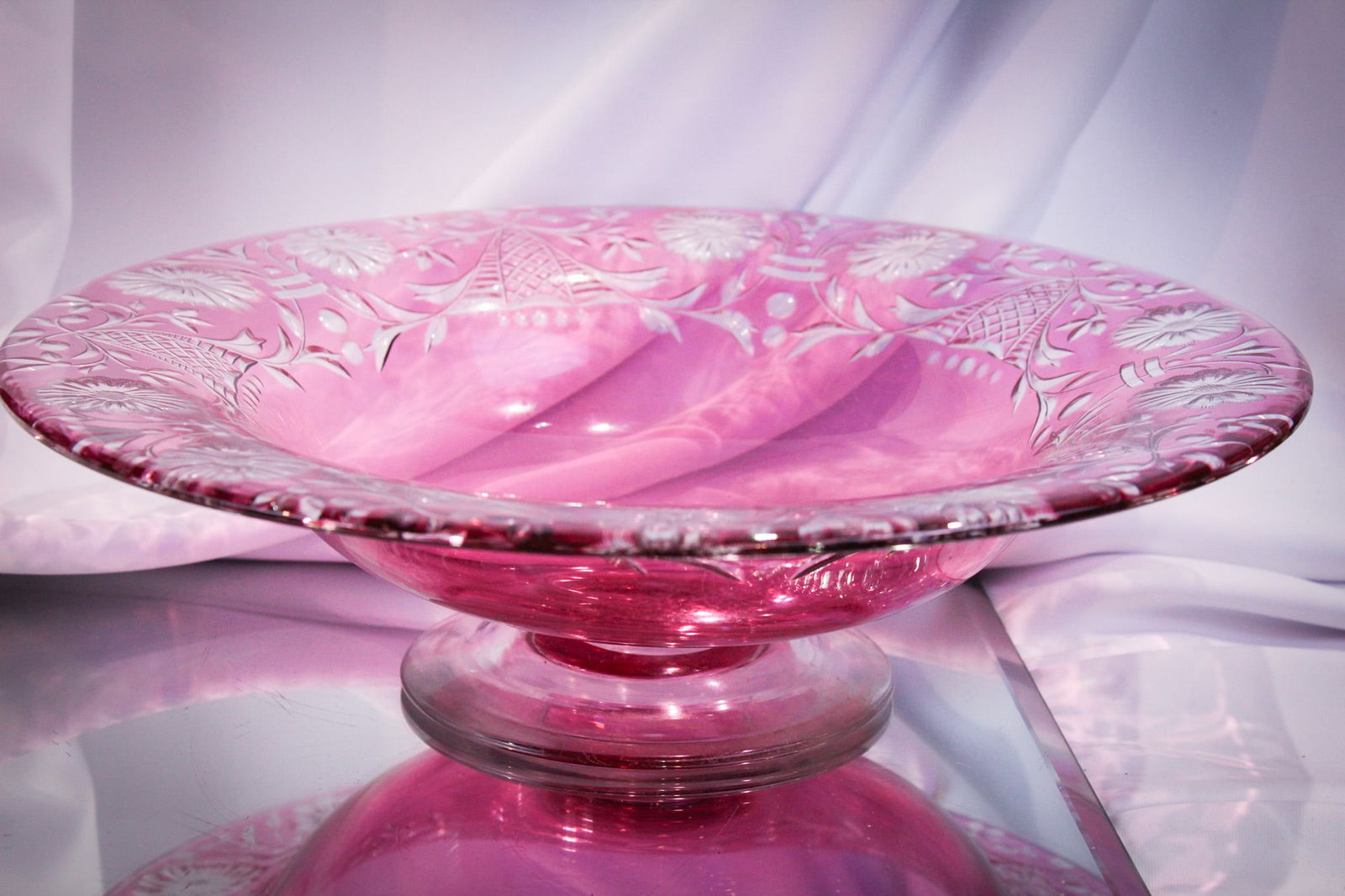 Signed 14" Libbey ABP Cranberry Cut Glass Console Bowl (1 of 7)