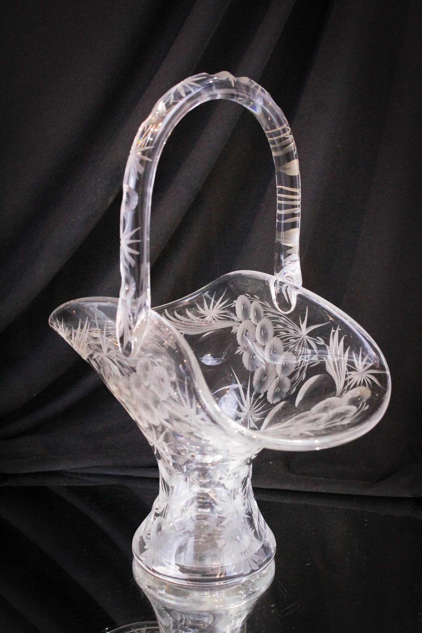 Signed Libbey Intaglio Cut Glass Floral 12" Basket (1 of 7)