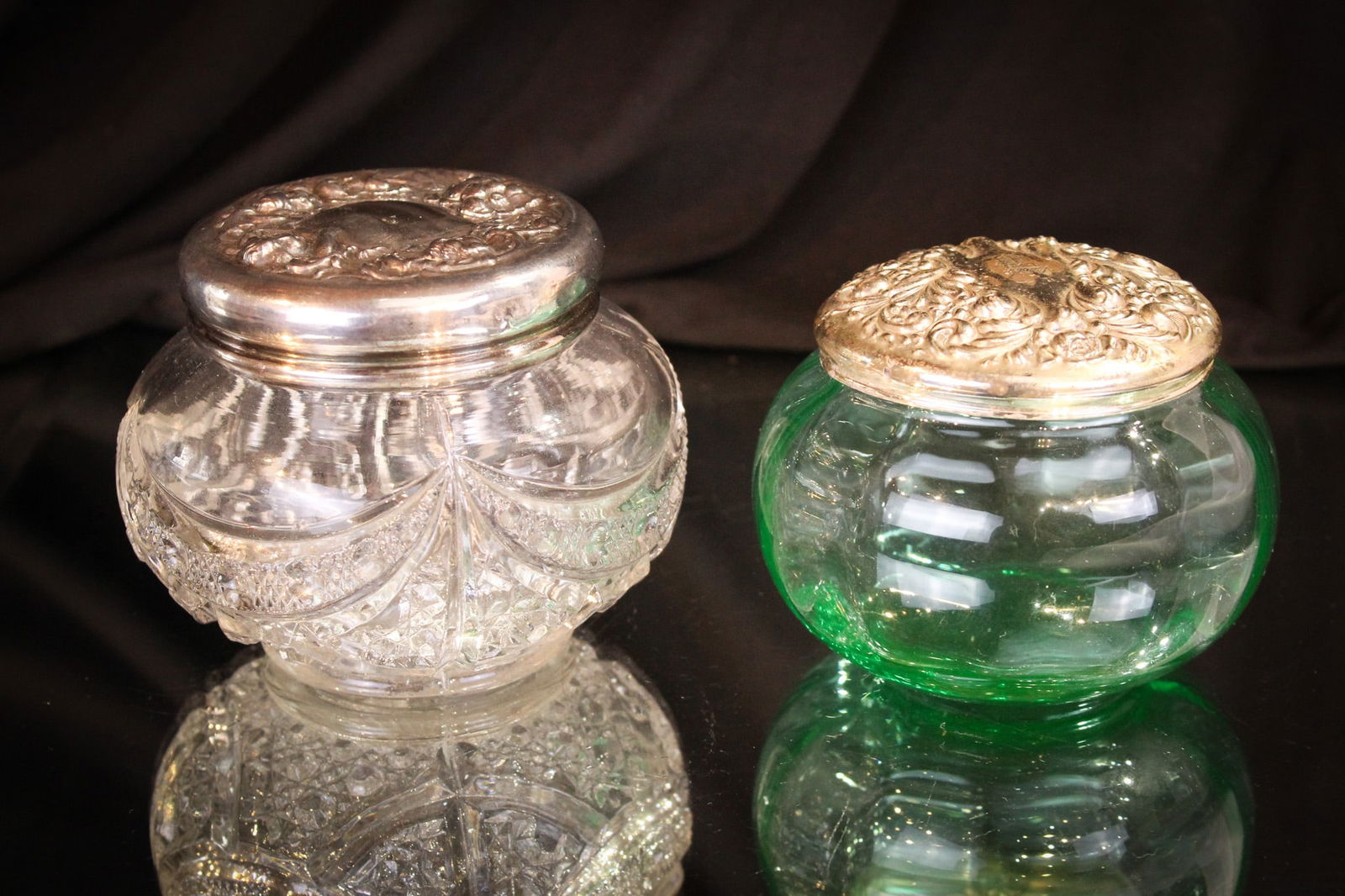 2 pc Lot Sterling & Uranium Glass Powder Jars (1 of 10)