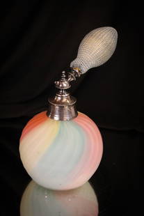 Loetz Rainbow Satin Glass Perfume Atomizer: Beautiful and rare attributed to Loetz rainbow satin glass perfume atomizer. Lovely shades colors graduating to the next. Ribbed exterior. Silky satin finish.