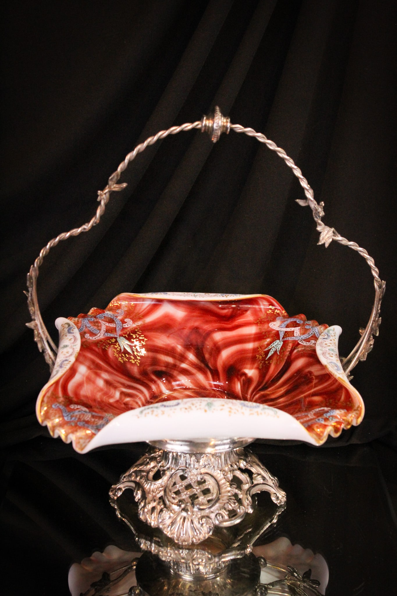 Loetz Marmorietes Carneol Art Glass Brides Basket Pairpoint Silverplate (1 of 10)
