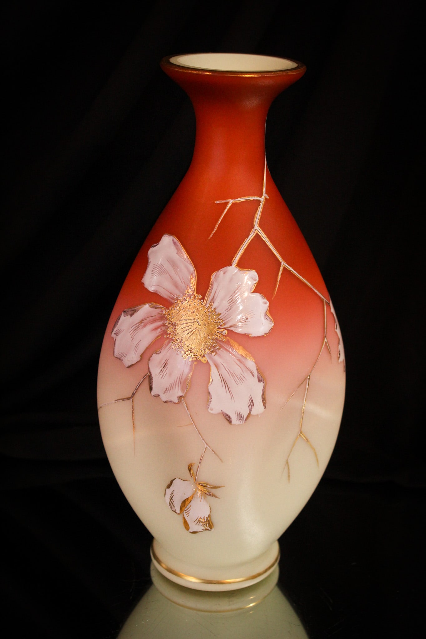 Early Loetz Art Glass Sienna Enameled 10" Vase: Great early piece of burnt sienna shaded Loetz glass enameled with flowers. Nice size at 10 1/4" tall.