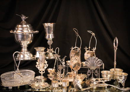 15 pc Lot Victorian Silverplate Articles: Something sure to please in this fantabulous lot of Victorian silverplate by a plethora of makers. Unique forms, designs, and purposes galore in this lot with toothpick holder, card receivers, vases,