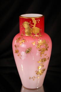 Harrach Victorian Gilt Peachblow Art Glass Vase: Gorgeous coloring and excellent gilt decoration along with a cute little beetle makes this a stand out piece of Victorian Harrach peachblow glass.