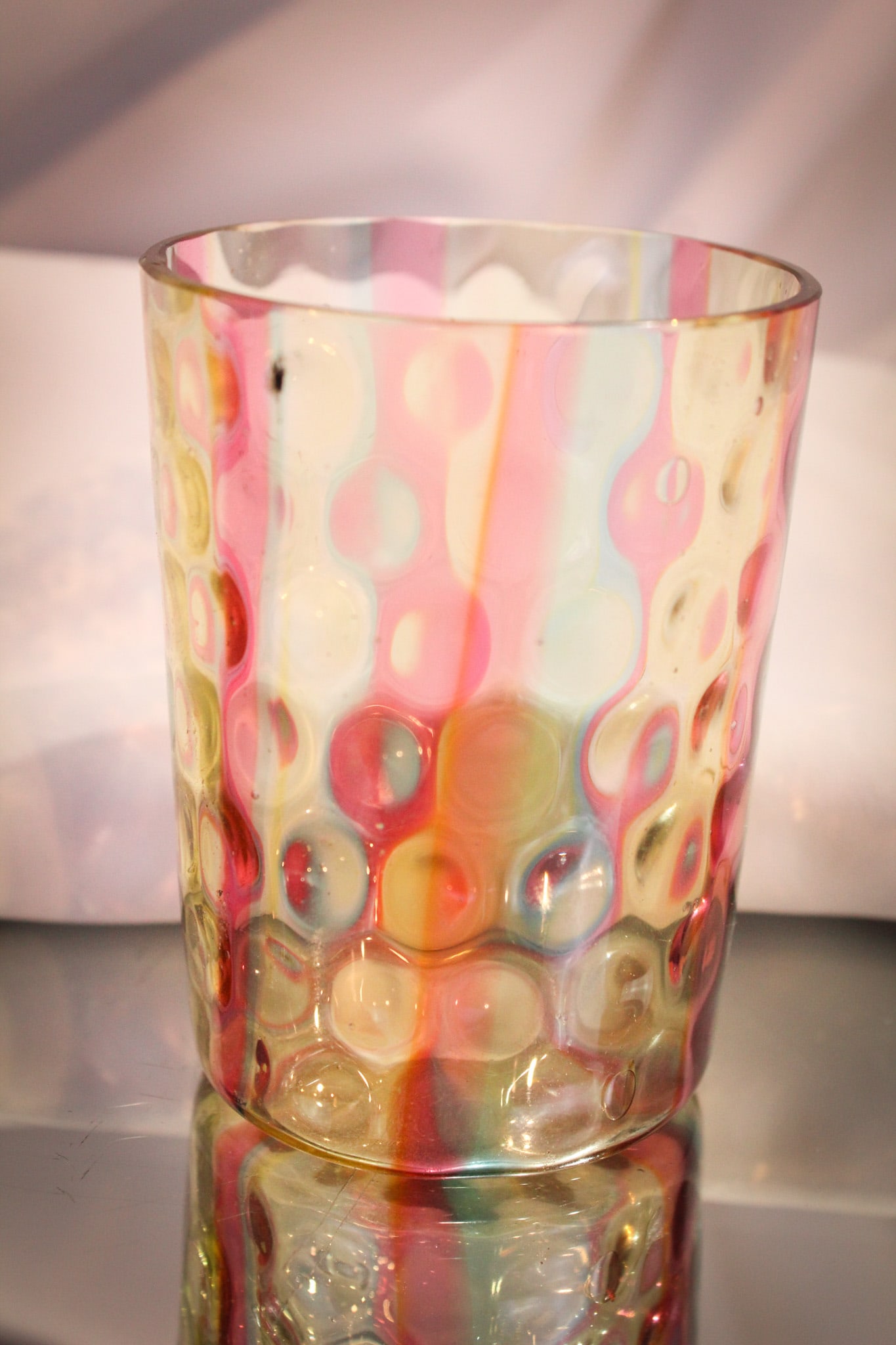 Scarce Rainbow Victorian Glass Tumbler: Translucent rainbow glass embodies this lovely Victorian tumbler with great coloring.