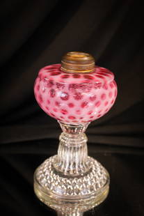 Cranberry Opalescent Windows Victorian Miniature Oil Lamp: Nice cranberry opalescent example of a miniature oil lamp in the windows pattern. Nice!