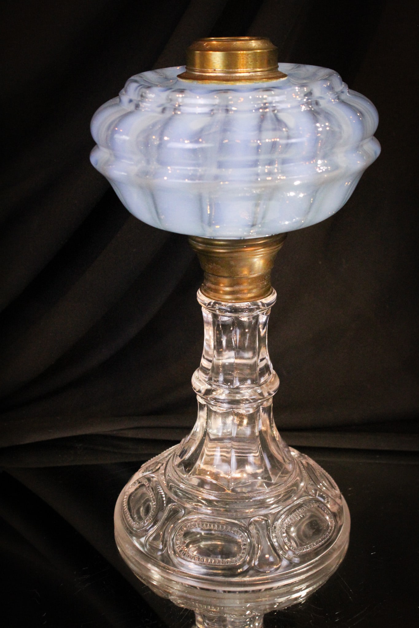 Blue Opalescent Nickel Wide Stripe Oil Lamp (1 of 6)