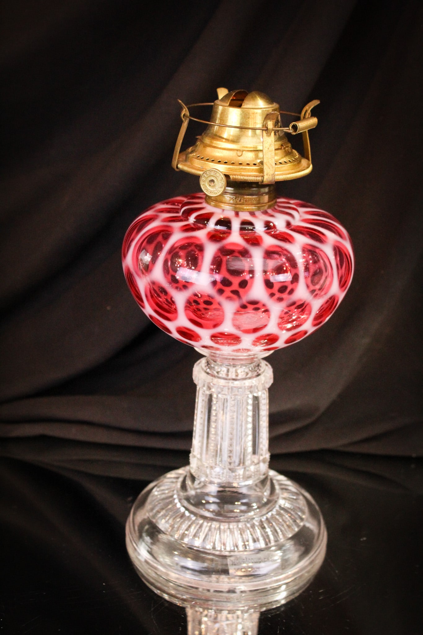 Cranberry Opalescent Honeycomb Eason Victorian Oil Lamp: Great rich cranberry color and bright opalescence make this even more desirable than it already is.