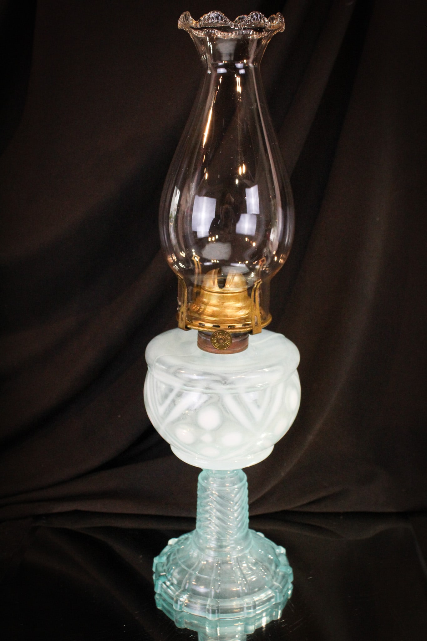 Victorian Blue Opalescent Diamond Coinspot Oil Lamp (1 of 9)