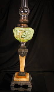 Vaseline Opalescent Sugardale Daisy Banquet Oil Lamp: How many have you seen? Not many, we dare say. Fine example of a Victorian vaseline opalescent banquet oil lamp in the Sugardale Daisy pattern.