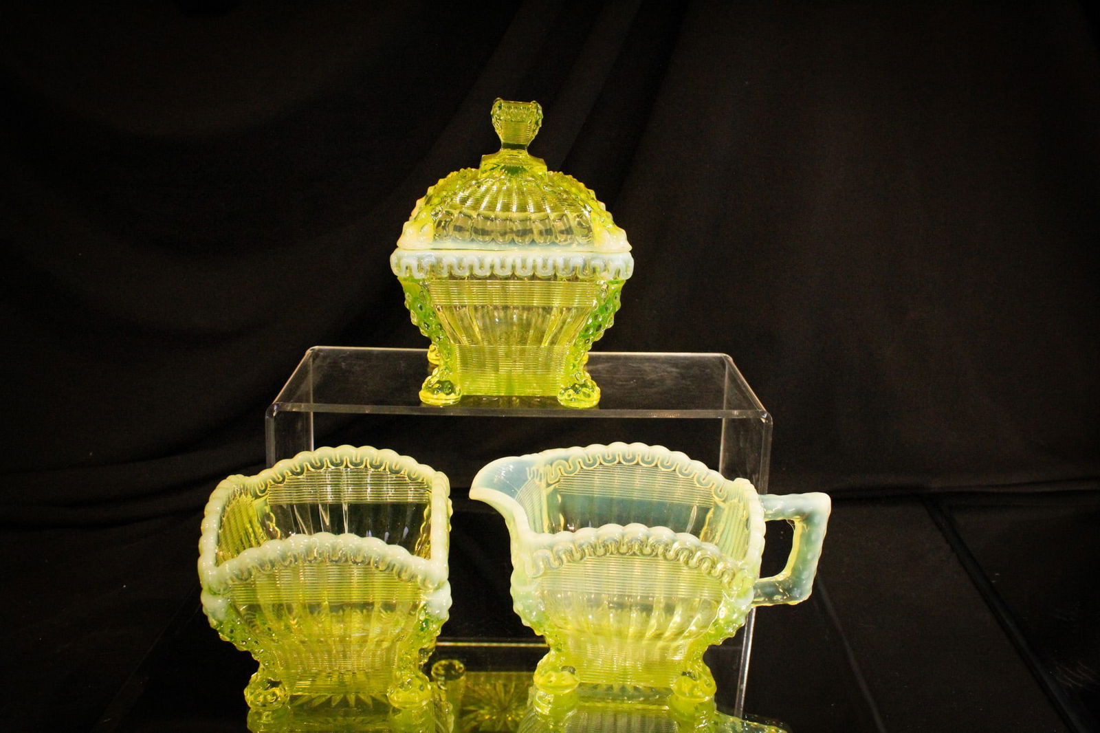 3 pc Lot Northwood Vaseline Opalescent Alaska Glass (1 of 16)