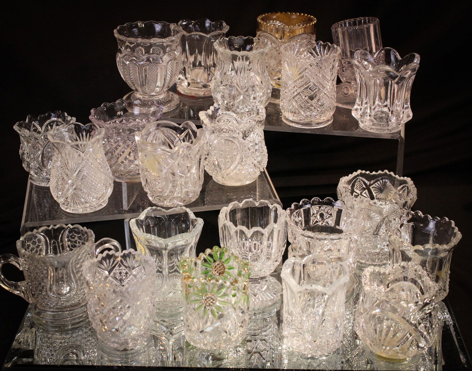 22 pc Lot Victorian Pattern Glass Toothpick Holders: Nice selection of 22 Victorian pattern glass toothpick holders. Several tough-to-find examples. You keen-eyed Pickies will spot the rare ones! Tallest measures 3".