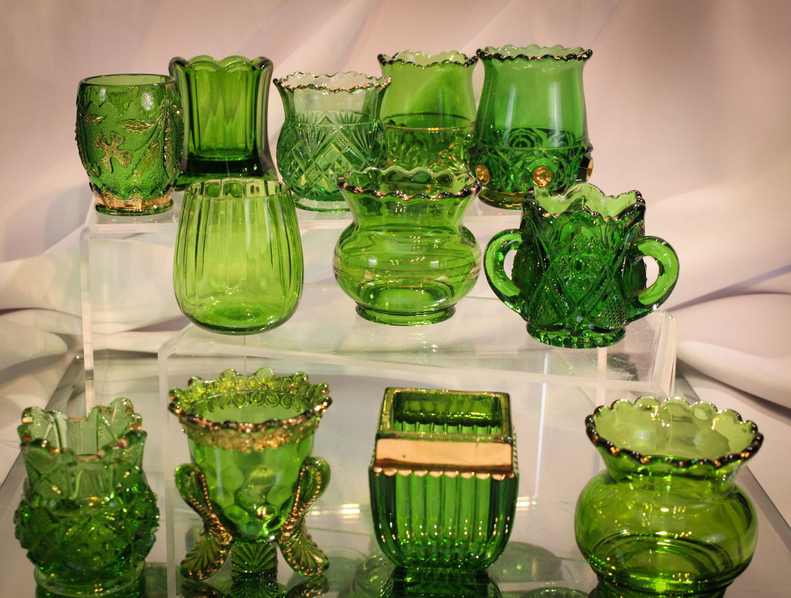 12 pc Lot Riverside & More Victorian Green Toothpick Holders: Nice array of Victorian green toothpick holders. Some examples by Riverside. Tallest measures 3".