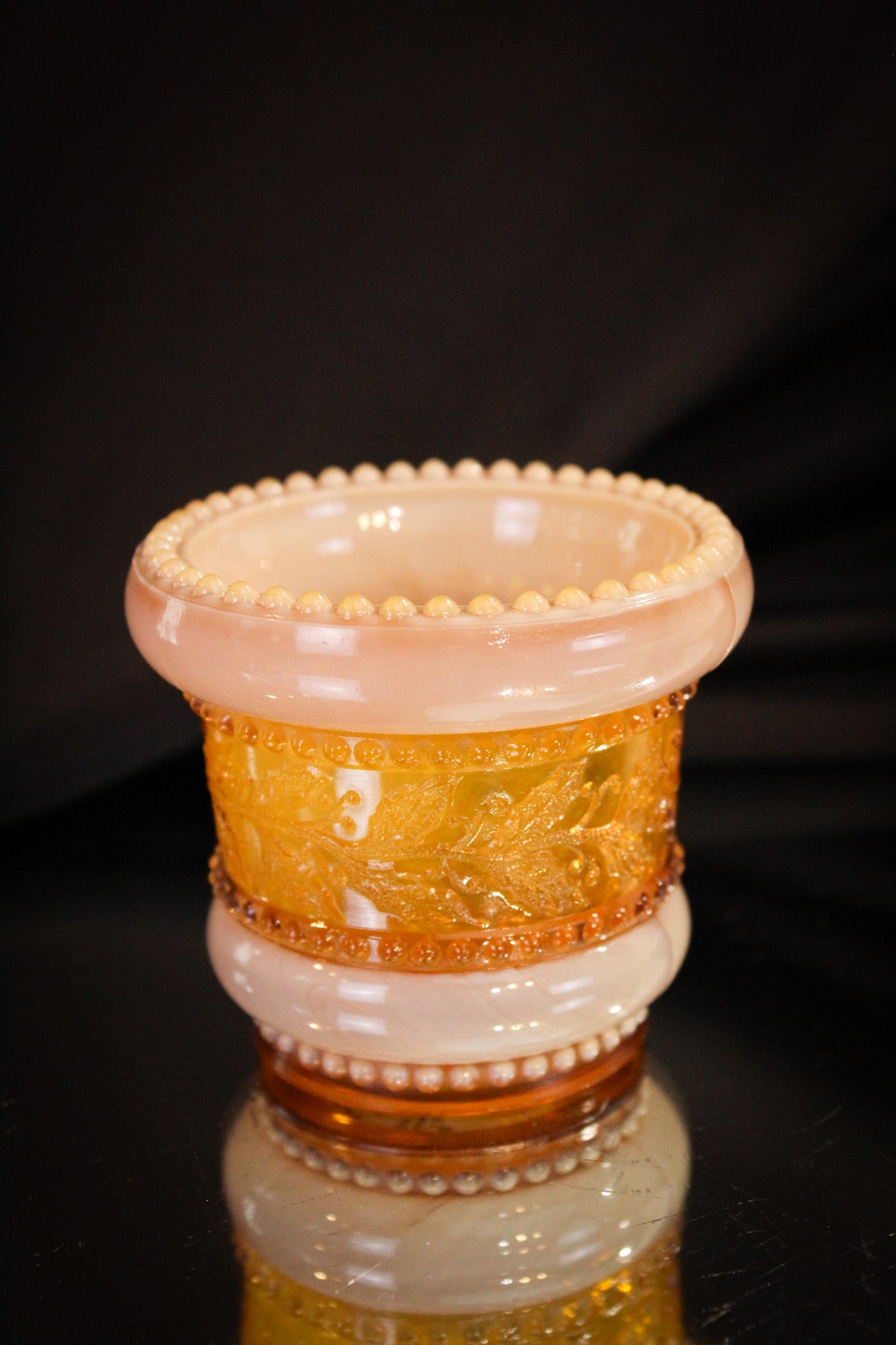 Greentown Glass Holly Amber Victorian Toothpick Holder: Super example of a Greentown Glass Holly Amber pattern Victorian toothpick holder. The color is yummy and just how you want it! Measures 2 1/2" tall.